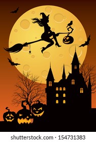 Vector illustration of a witch flying on a broom in Halloween night