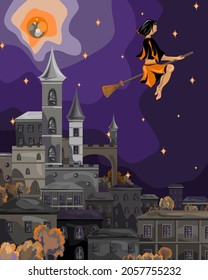 Vector illustration of a witch flying on a broom, on the background of an ancient castle, night city and full moon