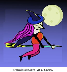 Vector illustration of a witch flying on a broomstick. witch flying in the night sky. Transition color, 'filler'. Ghostly. drawing, witch, halloween