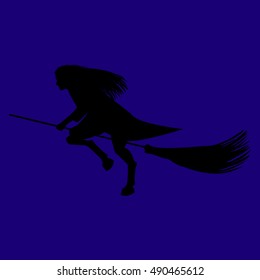Vector illustration of a witch flying on a broom on Halloween, flat style