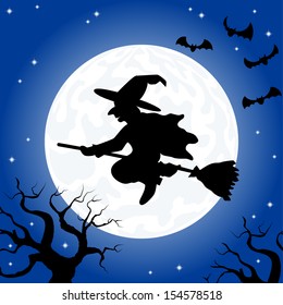 vector illustration of a witch flying over the moon 