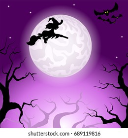 vector illustration of a witch flying over the moon 