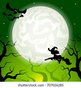 vector illustration of a witch flying over the moon 