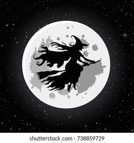 vector illustration of a witch flying over the moon