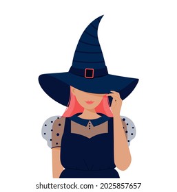 Vector illustration of witch. Halloween. Witch costume. Modern witch. Hat. Isolated on white.