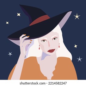 Vector illustration of witch. Halloween. Witch costume. Modern witch. Hat. Isolated on white. Postcard for Halloween. The concept of mysticism of witchcraft and magic. Costume for a holiday, carnival