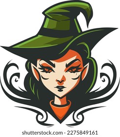 Vector illustration of witch. Halloween. Witch costume. Modern witch. Hat. Isolated on white