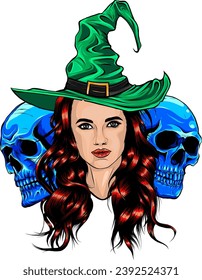 Vector illustration of witch. Halloween. Witch costume. Modern witch. Hat. Isolated on white.