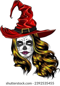 Vector illustration of witch. Halloween. Witch costume. Modern witch. Hat. Isolated on white.