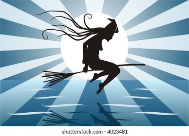 A vector illustration of a witch at halloween, flying in front of the moon