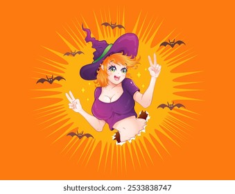 Vector illustration of a witch for Halloween in kawaii manga style. Vector illustration of a witch girl for Halloween party.