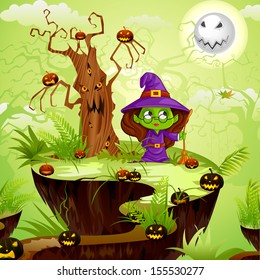 vector illustration of witch in Halloween land