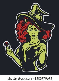 Vector illustration of a witch for halloween on a dark background. All layers are signed.