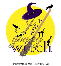 Vector illustration with witch hat, broom, black cats and crows on the background of the moon