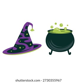 Vector illustration of witch hat and cauldron with boiling potion perfect for witchcraft spells magical ritual objects and fantasy themed artwork