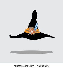 Vector illustration of witch hat decorated with feather and flowers  isolated on white background. Clip art. 
