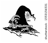 Vector illustration of a witch hat with mushrooms and a lizard. For Halloween holiday for stickers, stencils, cutting, etc.