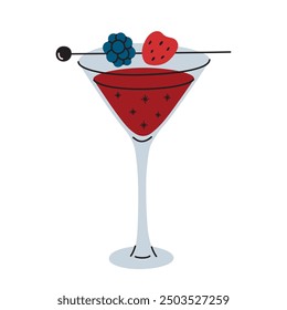 Vector illustration of witch heart cocktail in martini glass, sparkling red liquid garnished with blackberry and strawberry. Eerie and festive beverage for Halloween celebrations, spooky events