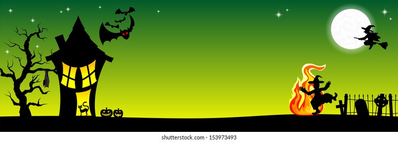 vector illustration of a witch house in a full moon night