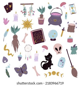 Ilustración vectorial del conjunto de inventario de brujas.Magia de Doodle y brujería, elementos de alquimia esotérica de brujas en estilo dibujado a mano.Elementos de halloween de colección.
