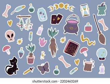 Ilustración vectorial de la pegatina de inventario de brujas.Magia de garabatos y brujería, elementos de alquimia esotérica de brujas en estilo dibujado a mano.Elementos de halloween de colección