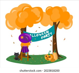 Vector illustration of a witch inviting to the halloween party