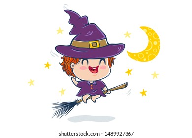 Vector illustration of a witch in kawaii style. Kawaii Illustration of a cute kid in witch costume. Halloween monster.