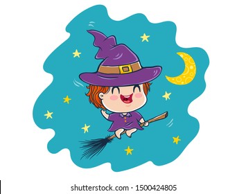 Vector illustration of a witch in kawaii style. Kawaii Illustration of a cute kid in witch costume. Halloween monster.