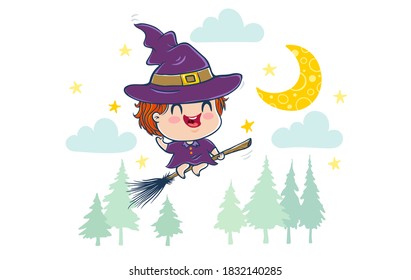 Vector illustration of a witch in kawaii style. Kawaii Illustration of a cute kid in witch costume. Halloween monster.