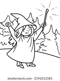 Vector illustration of the witch with magic wand in forest. Coloring page with fairy character. 
