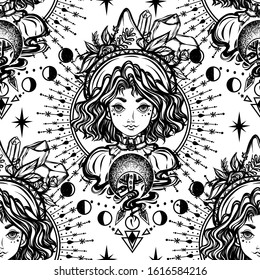 Vector illustration, witch, magical astrology and crystals, fortune teller, spirituality and occultism, print, light  background, seamless pattern, Handmade
