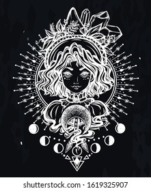 Ilustración vectorial, bruja, astrología mágica y cristales, adivino, espiritualidad y ocultismo, pizarra de fondo, hecha a mano