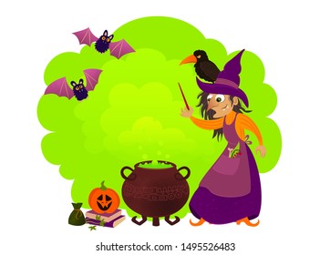 Vector illustration of a witch making a green potion, raven, bats, pumpkin, spell books in the greeen smoke.  Picture for halloween.