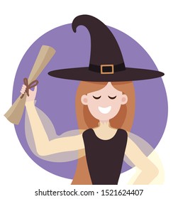 Vector illustration of a witch with a message or scroll. Greeting card, poster, banner, design element.