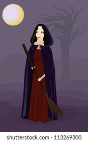 vector illustration of witch in the night
