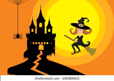 Vector illustration with witch on broom flying to spooky castle on orange. Eps vector illustration, horizontal image, flat design