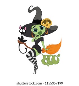 vector illustration witch on broom with cat