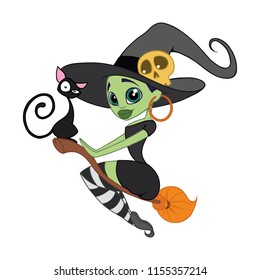 vector illustration witch on broom with cat