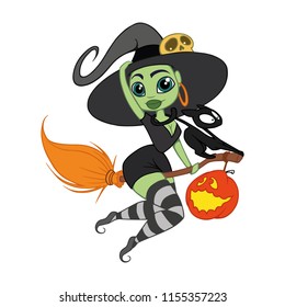 vector illustration witch on broom with cat