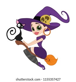 vector illustration witch on broom with cat