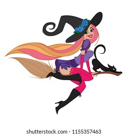 vector illustration witch on broom with cat