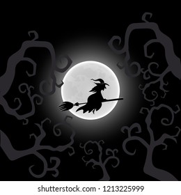 Vector illustration. Witch on a broom. Postcard to Halloween Party or celebration.