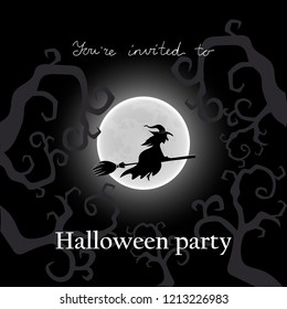 Vector illustration. Witch on a broom. Postcard invitation to Halloween Party.