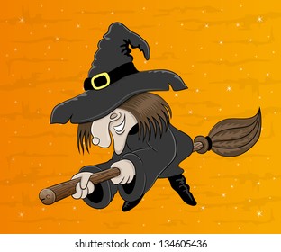 Vector illustration. Witch on broom.