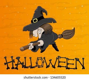 Vector illustration. Witch on broom.