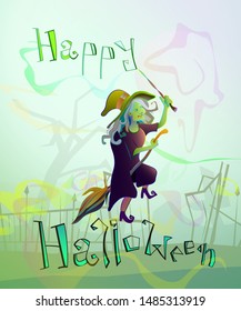 Vector illustration of a witch on a broomstick near a gloomy cemetery. Halloween invitation card illustration