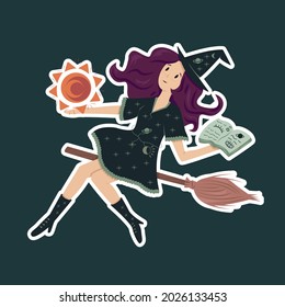 Vector illustration of a witch on a broomstick casts a spell. Hand drawn cartoon female sticker for halloween, logo, icon, banner, poster.