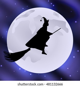 Vector illustration of a witch on a broomstick flying halloween holiday moon in the starry sky