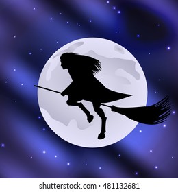 Vector illustration of a witch on a broomstick flying halloween holiday moon in the starry sky