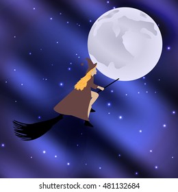 Vector illustration of a witch on a broomstick flying halloween holiday moon in the starry sky